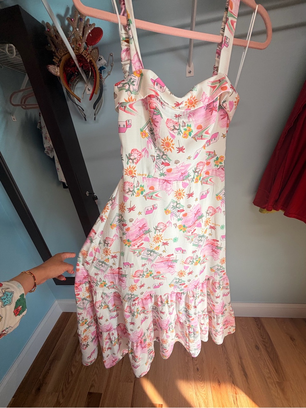 Francesca's Collections White Midi Dress with Pink Floral Print